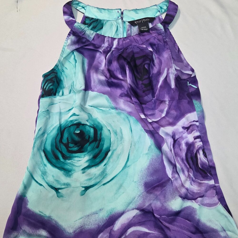 White House Vibrant‎ Purple Teal Rose Print Sleeveless Top-Chic Eye-Catching XXS